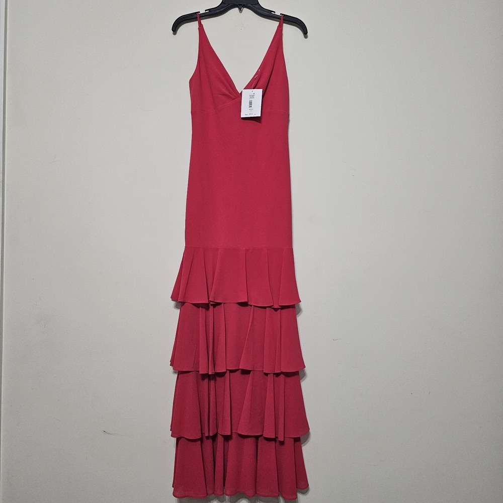 Badgley Mishka Belle Dress Size 0 Raspberry Sleevesless V Neck Maxi Tiered Skirt